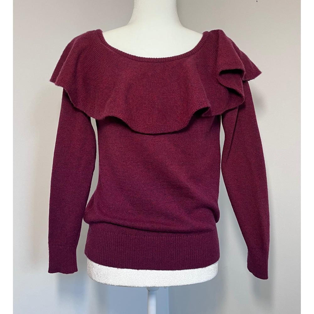 Banana Republic Ruffle Collar Wool Cashmere Sweater XS Burgundy Coquette Top